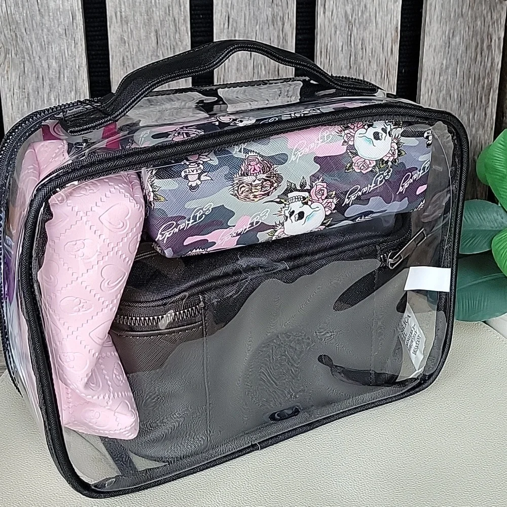 Ed Hardy Tiger Clear Cosmetic Bag Set in Black and Pink Set Of 4 - Picture 4 of 6